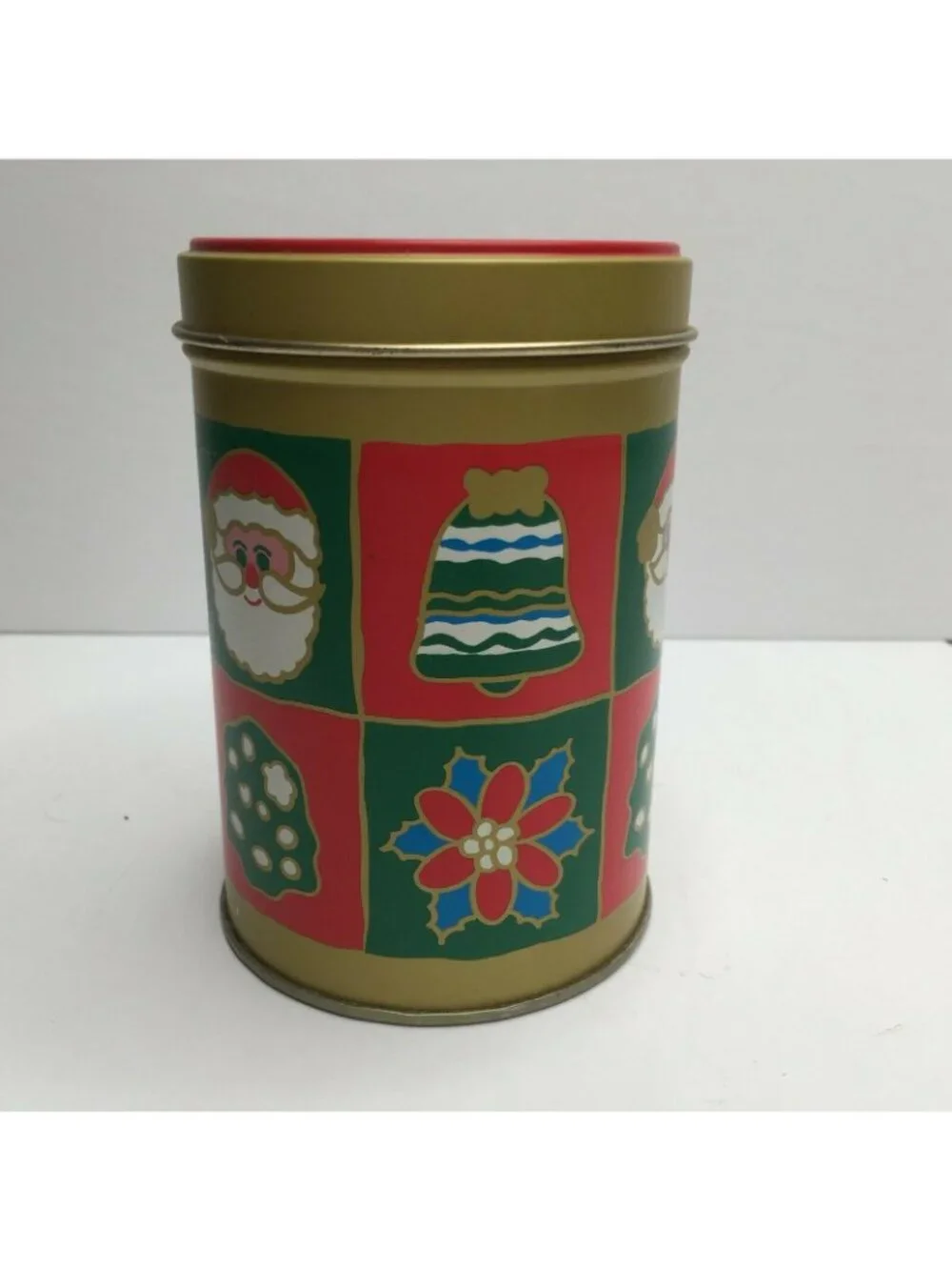 Christmas Holiday Cylinder Cookie Candy Present Tin Gift Giving Santa Bell